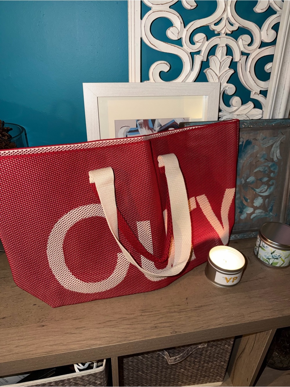 CURVES BY SEAN Red & Cream Canvas Tote Bag with Cream Handles